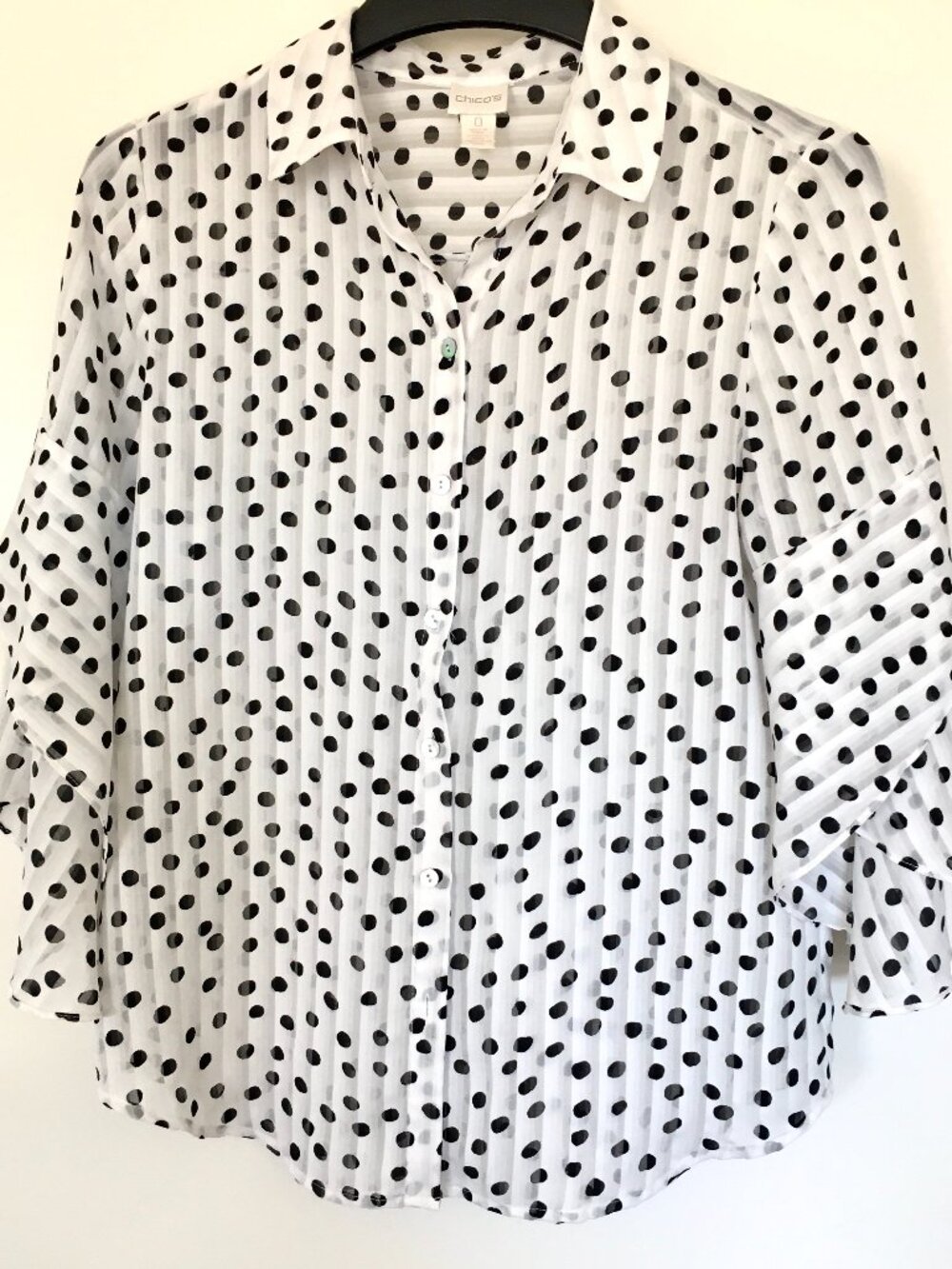 Chico Women White/Black PolkaDots Wide Sleeve Button Down Light Weight Shirt Sz0